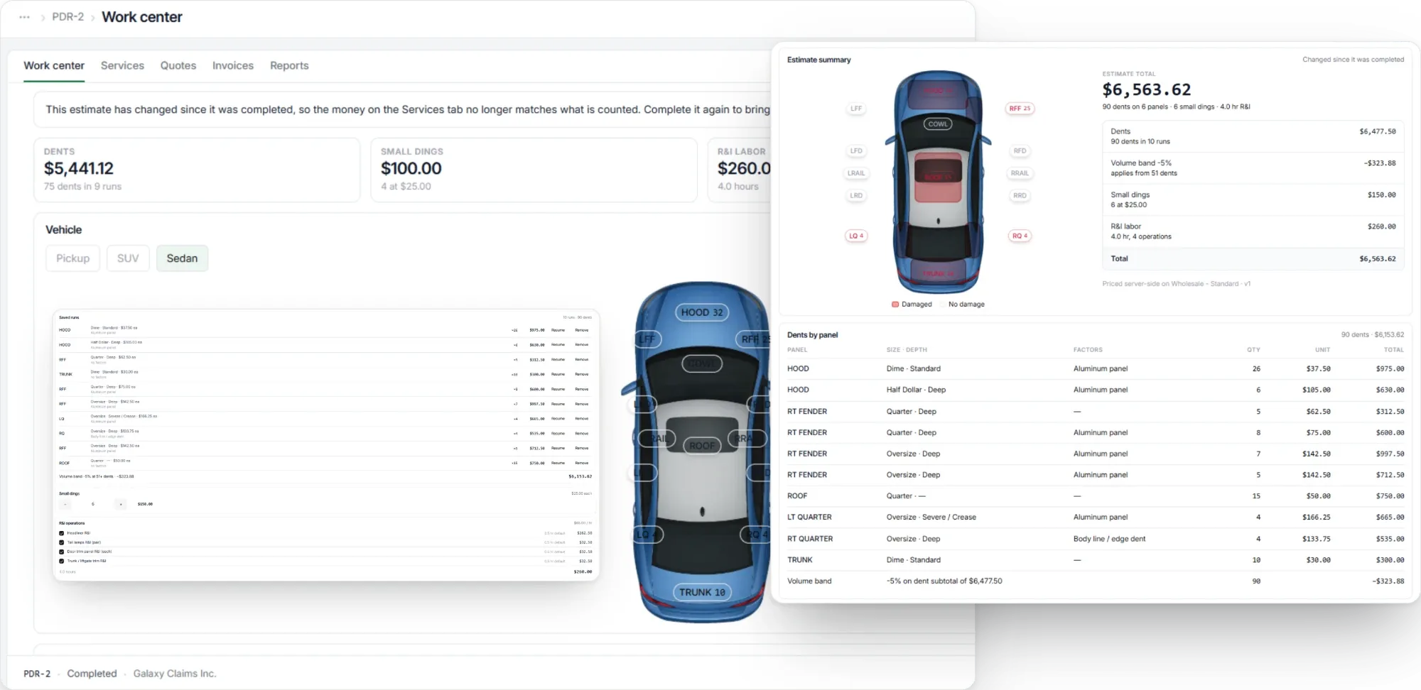 A completed PDR estimate on assignment PDR-2: the work center totalling 75 dents in 9 runs, small dings and R&I labour, beside an estimate summary of $6,563.62 with a per-panel dent breakdown and a volume-band discount.